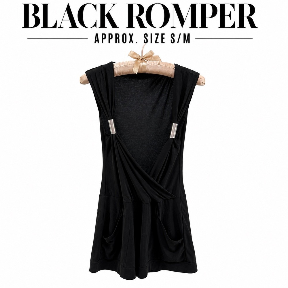 Women's Black Romper Deep V Wrap Draped Silver Hardware Pockets S/M Rave Club